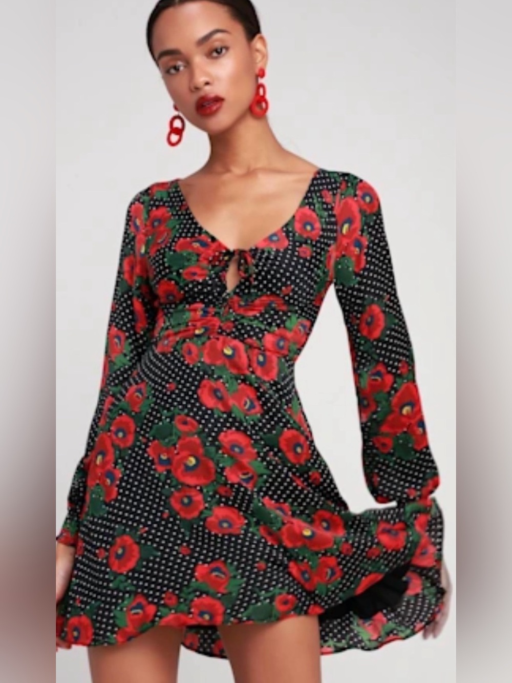 FREE PEOPLE Morning Light Printed Mini Dress Black Poppy Floral Polka Dot Size 0